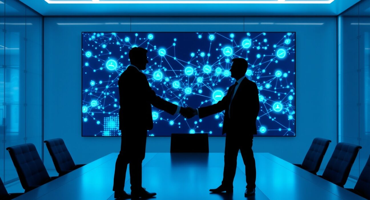 Two business executives shaking hands in a modern boardroom with a digital network screen representing AI security