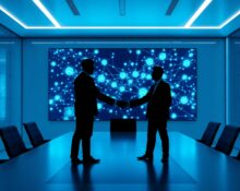 Two business executives shaking hands in a modern boardroom with a digital network screen representing AI security