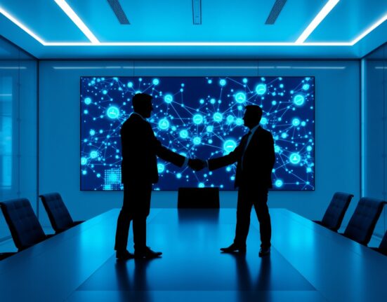 Two business executives shaking hands in a modern boardroom with a digital network screen representing AI security