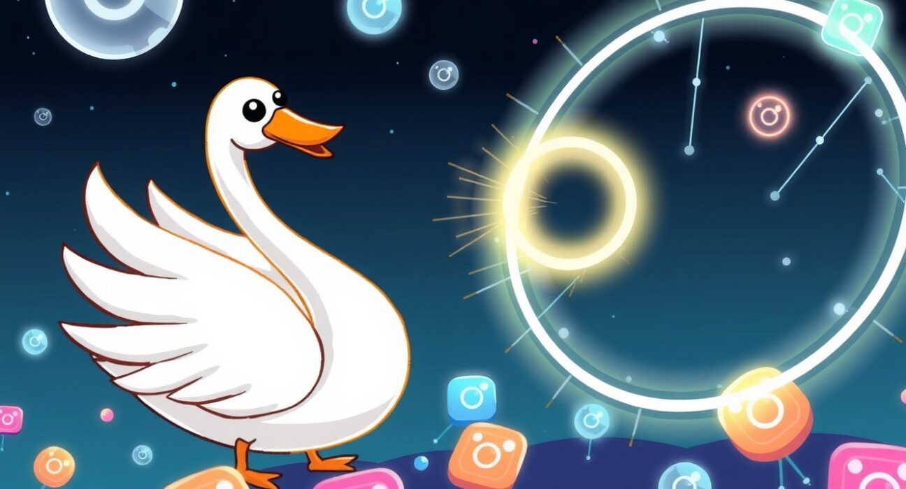 A vibrant cartoon of the Cygnus swan joining the Circle Alliance to bring USDC and Web3 to Instagram users.