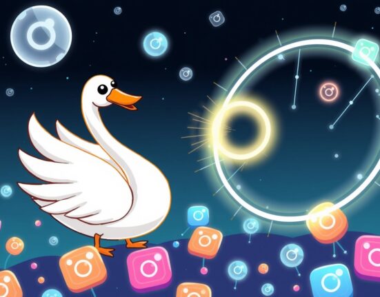 A vibrant cartoon of the Cygnus swan joining the Circle Alliance to bring USDC and Web3 to Instagram users.