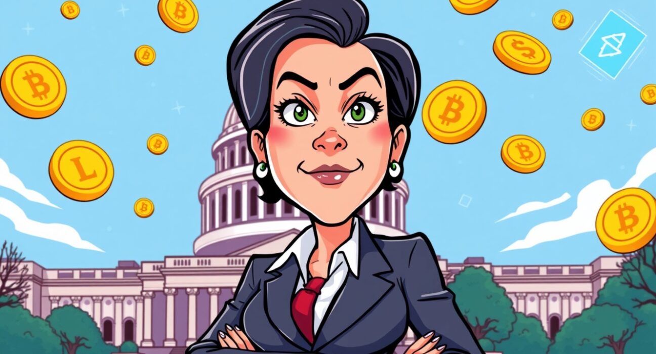 Cynthia Lummis cryptocurrency advocate depicted as a determined leader with digital assets in the background.