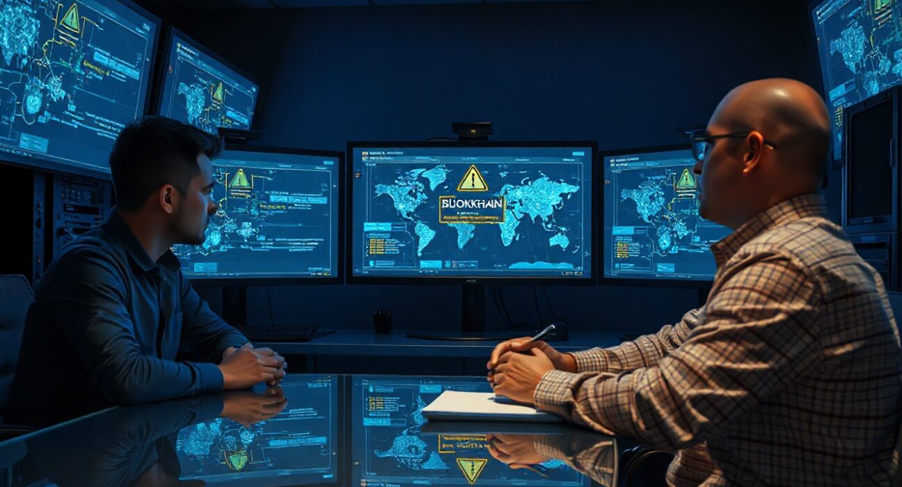 Cybersecurity team monitoring blockchain vulnerability alerts on multiple screens in a modern command center