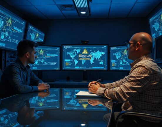 Cybersecurity team monitoring blockchain vulnerability alerts on multiple screens in a modern command center