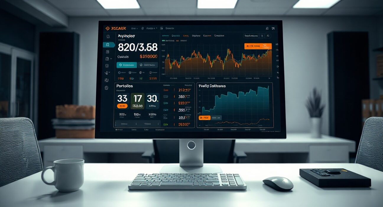 Cryptocurrency market dashboard showing Zcash (ZEC) data on a monitor in a professional office setting