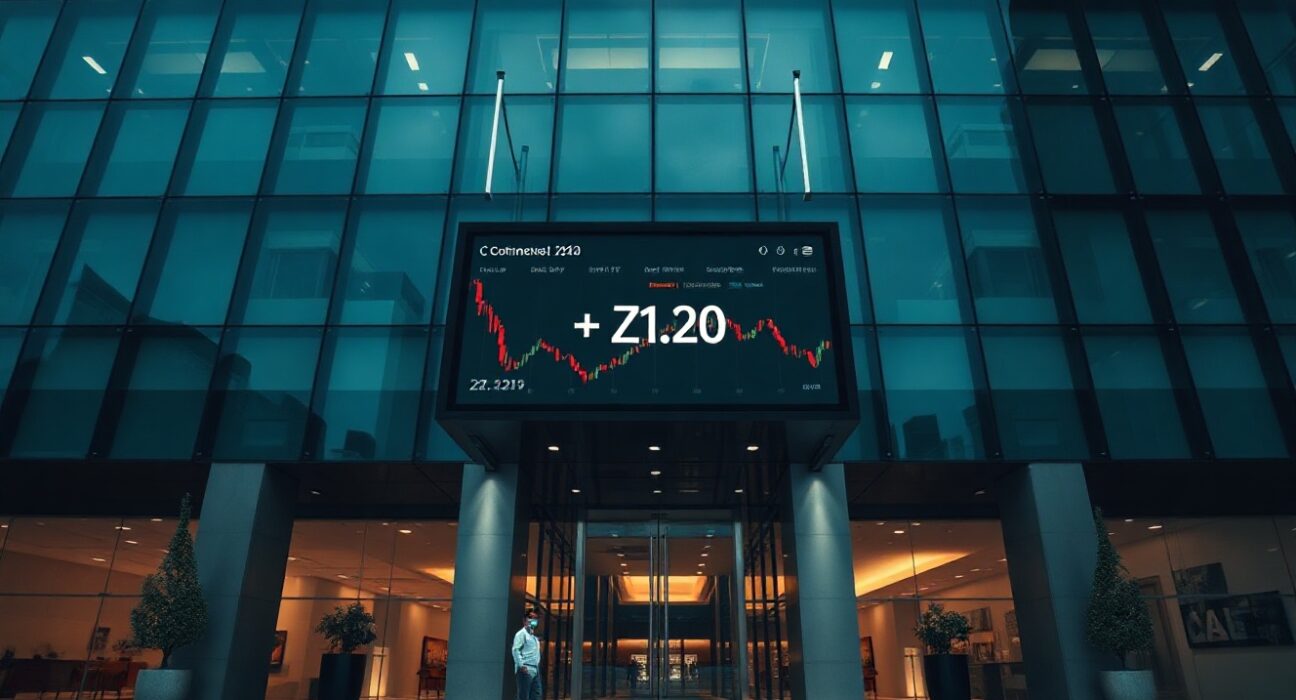 Corporate building exterior with digital display showing declining ZEC price chart