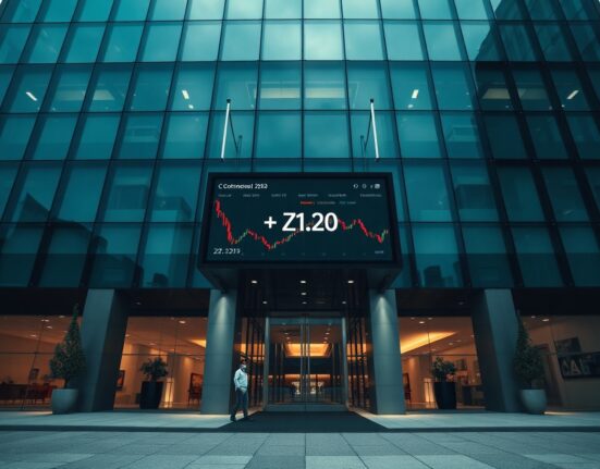Corporate building exterior with digital display showing declining ZEC price chart