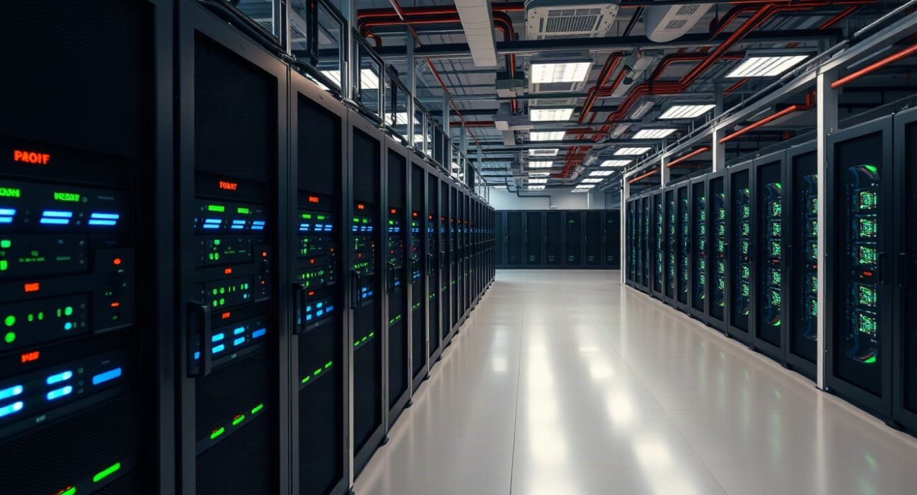 Rows of cryptocurrency mining rigs in a large industrial facility, representing Cypherpunk Technology's expanded ZEC mining operations.