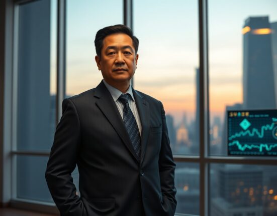 Binance founder Changpeng Zhao (CZ) in a modern office setting, discussing crypto market factors.