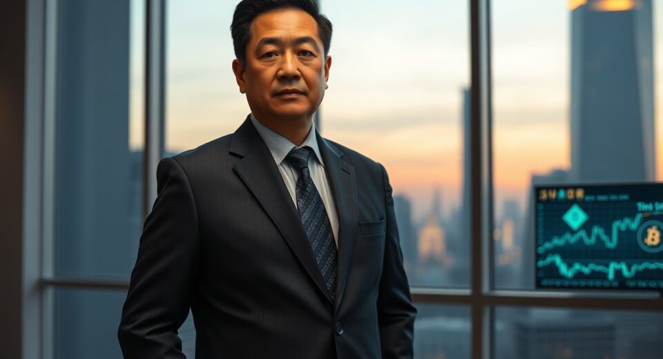 Binance founder Changpeng Zhao (CZ) in a modern office setting, discussing crypto market factors.