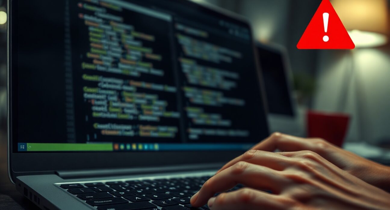 Developer typing on laptop with code on screen and security warning