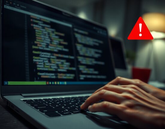 Developer typing on laptop with code on screen and security warning