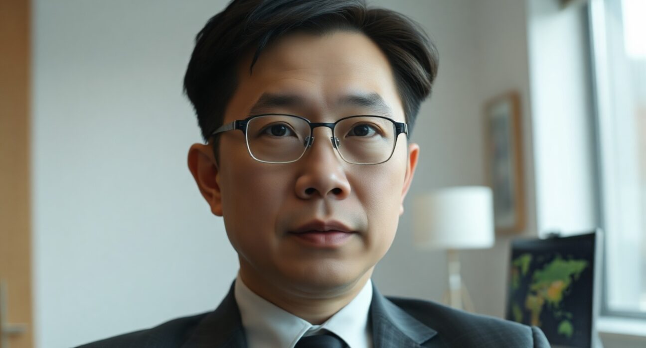 Changpeng Zhao speaking in a professional office setting