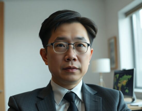 Changpeng Zhao speaking in a professional office setting