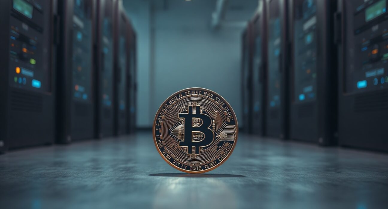 Bitcoin coin in foreground with mining servers in background