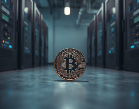 Bitcoin coin in foreground with mining servers in background