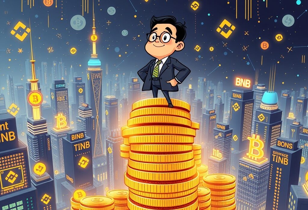 Cartoon illustration depicting CZ's immense BNB holdings, symbolizing his significant influence in the crypto market.