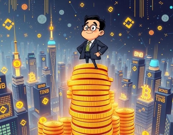 Cartoon illustration depicting CZ's immense BNB holdings, symbolizing his significant influence in the crypto market.