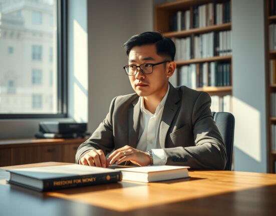 Changpeng Zhao, founder of Binance, with his new memoir Freedom of Money.