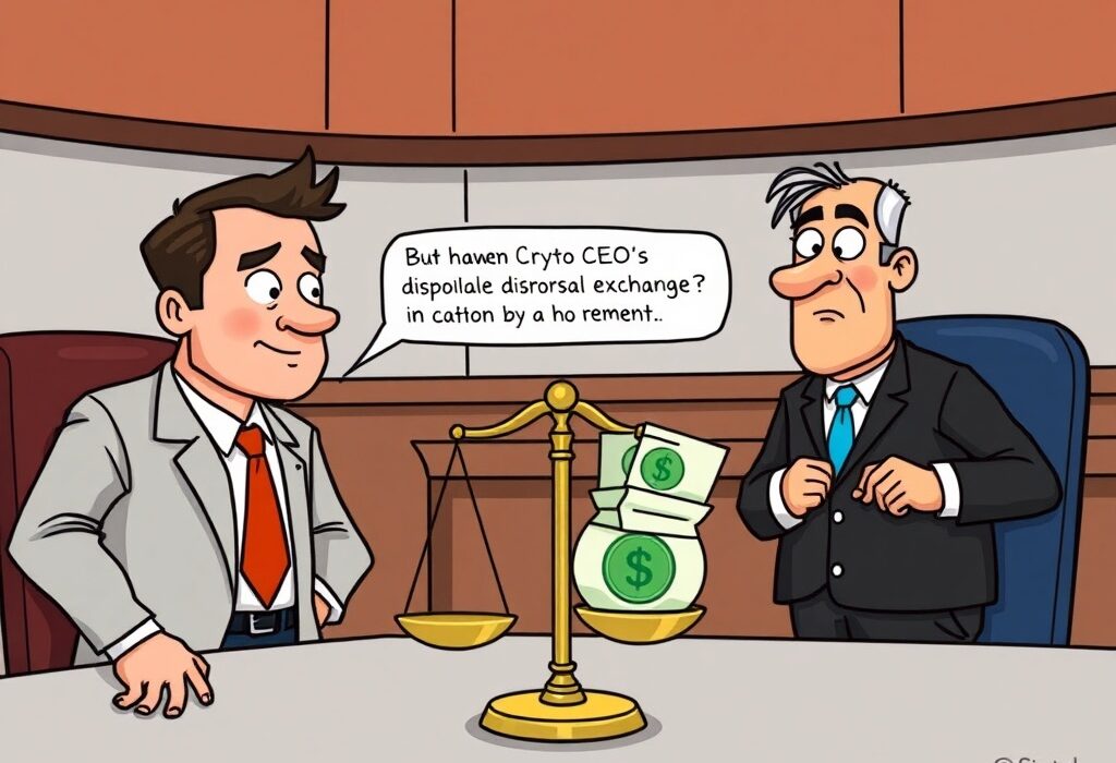 A cartoon illustration depicting Changpeng Zhao (CZ) challenging the FTX clawback lawsuit in court, symbolizing a major crypto legal battle.