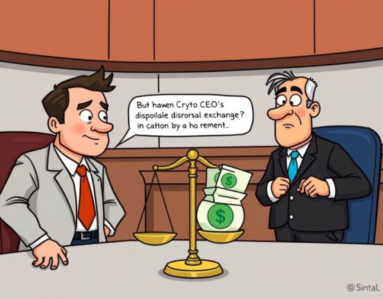 A cartoon illustration depicting Changpeng Zhao (CZ) challenging the FTX clawback lawsuit in court, symbolizing a major crypto legal battle.