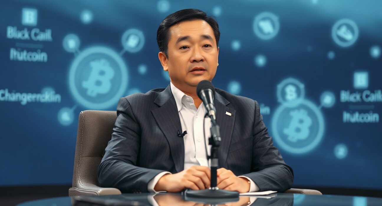 Changpeng Zhao speaking in a newsroom-style interview setting with a thoughtful expression