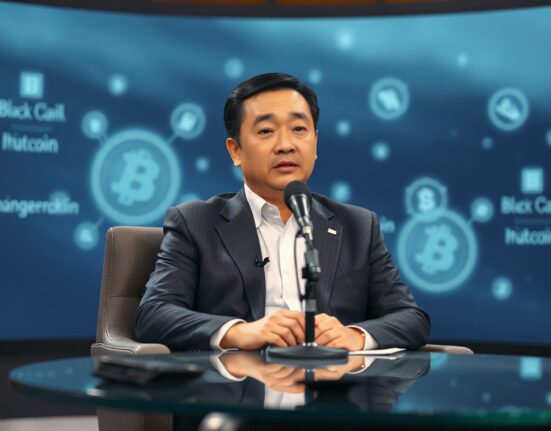 Changpeng Zhao speaking in a newsroom-style interview setting with a thoughtful expression