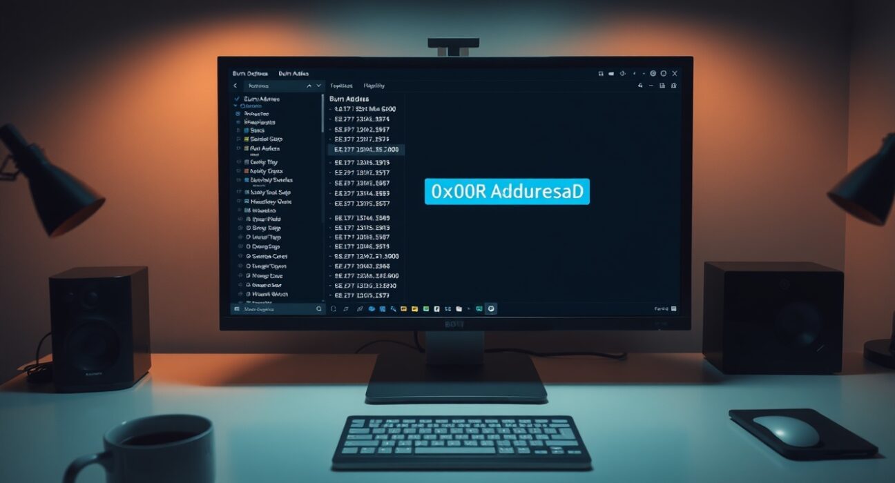 Cryptocurrency wallet interface showing a burn address field on a monitor in a dimly lit office.