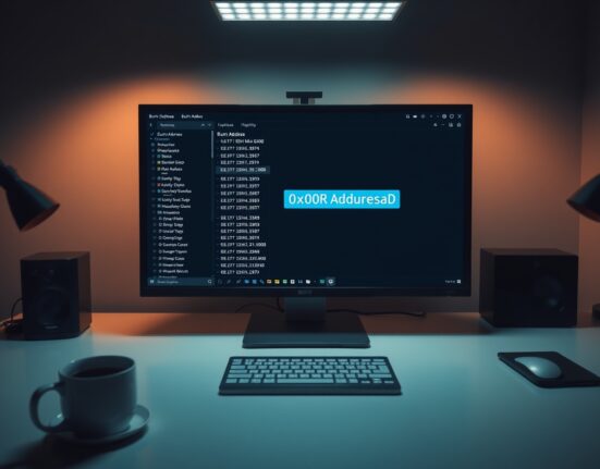 Cryptocurrency wallet interface showing a burn address field on a monitor in a dimly lit office.