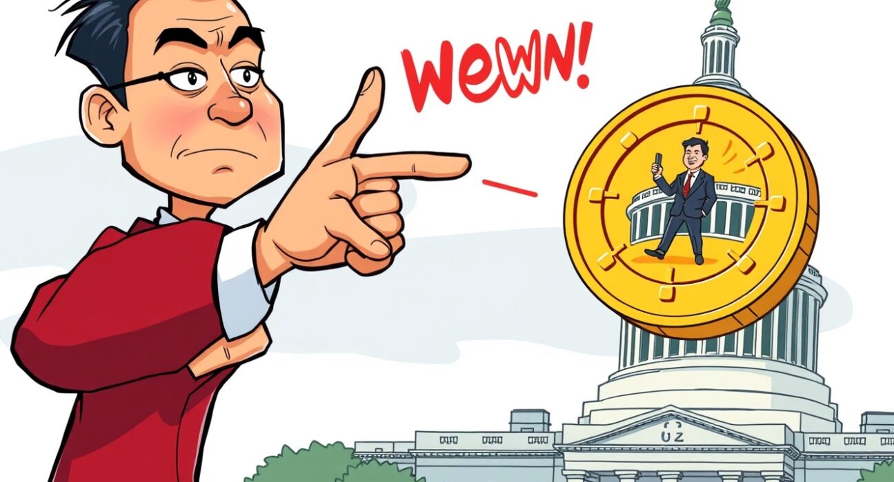 Cartoon illustration of CZ warning against a memecoin, highlighting the CZ memecoin warning and his disapproval of the token.