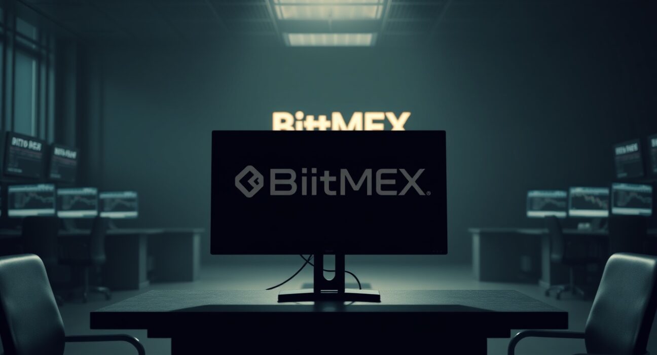 BitMEX shutdown scene with a dark monitor and empty trading floor
