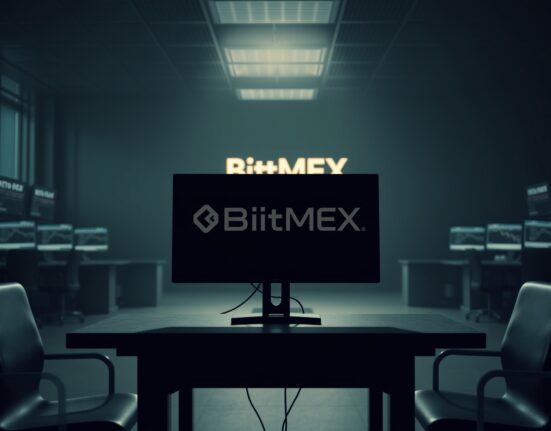 BitMEX shutdown scene with a dark monitor and empty trading floor