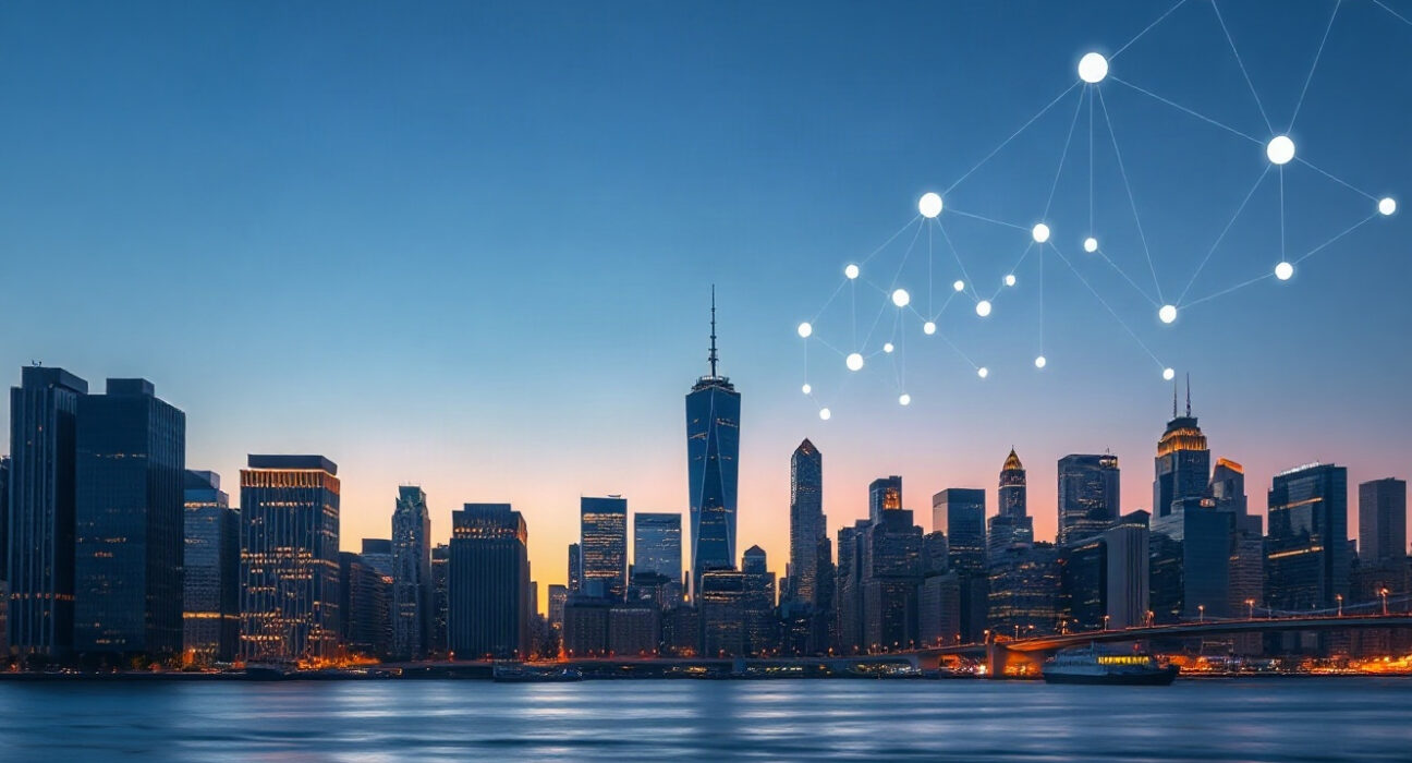 Skyline with digital blockchain overlay symbolizing decentralized exchange growth