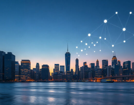 Skyline with digital blockchain overlay symbolizing decentralized exchange growth