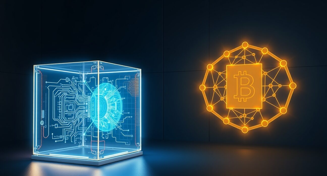 Changpeng Zhao's analysis of quantum computing and cryptocurrency security featuring quantum and blockchain symbolism.
