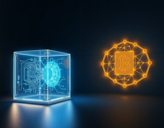 Changpeng Zhao's analysis of quantum computing and cryptocurrency security featuring quantum and blockchain symbolism.