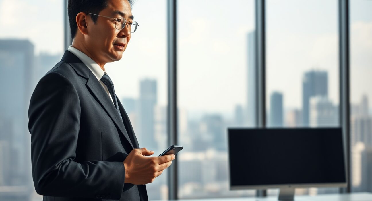 Binance founder Changpeng Zhao in a modern office setting, looking at his phone with a contemplative expression.