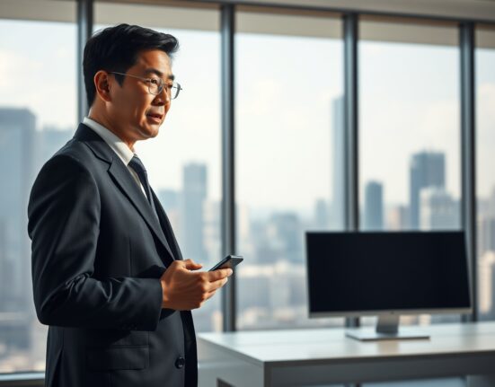 Binance founder Changpeng Zhao in a modern office setting, looking at his phone with a contemplative expression.