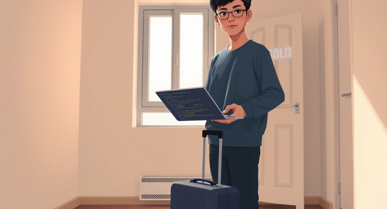 Changpeng Zhao standing in a sold apartment in 2013, preparing for his all-in blockchain investment journey