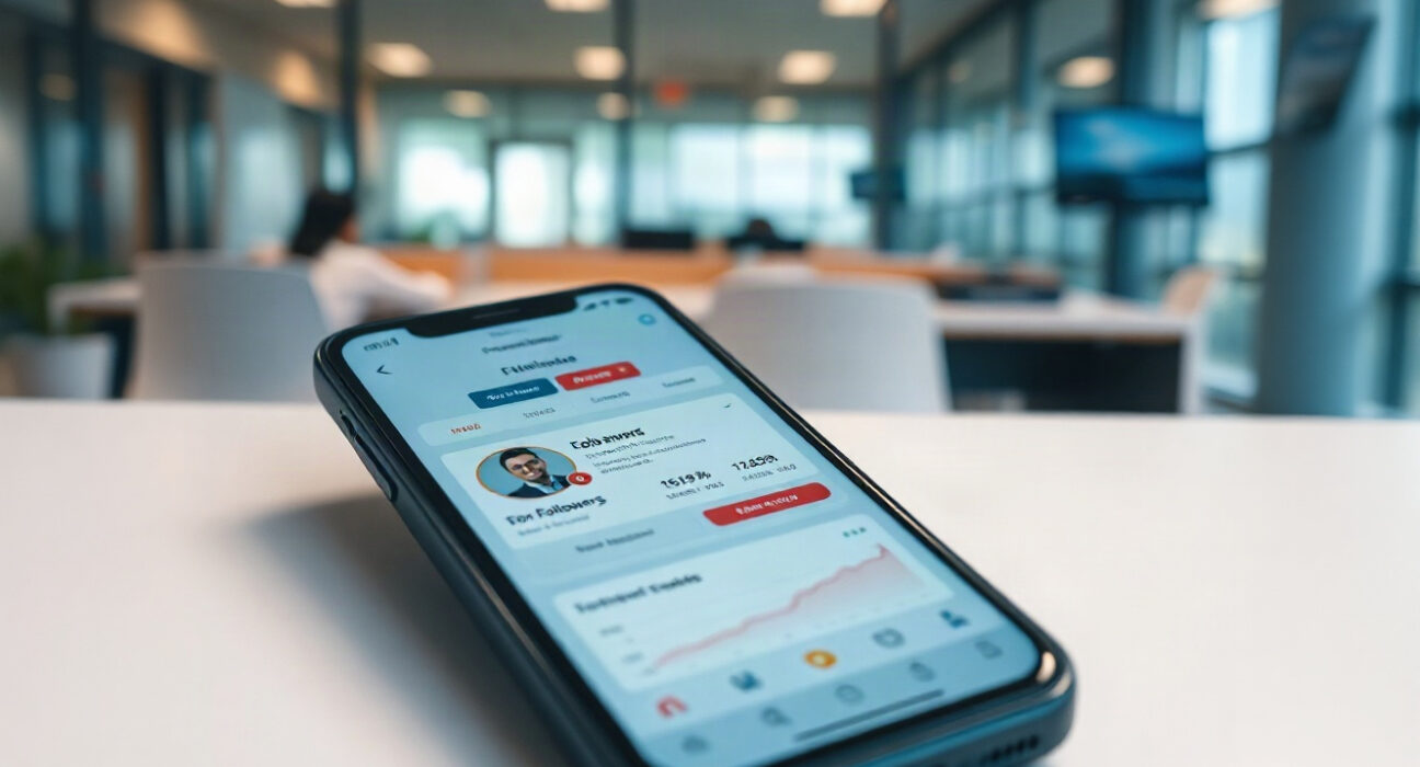 Smartphone showing social media profile with rising follower count on a desk