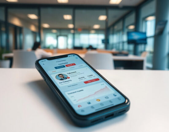 Smartphone showing social media profile with rising follower count on a desk