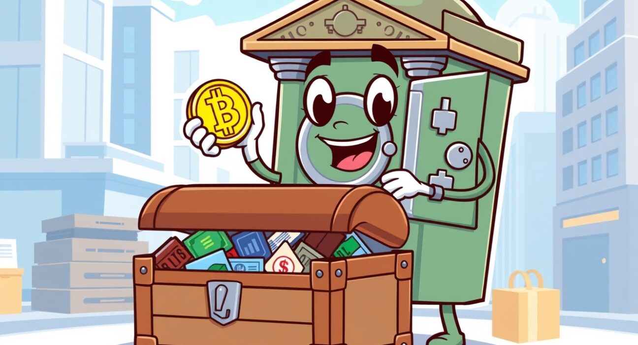 Cartoon of a central bank adding a Bitcoin ETF to a diverse investment portfolio.
