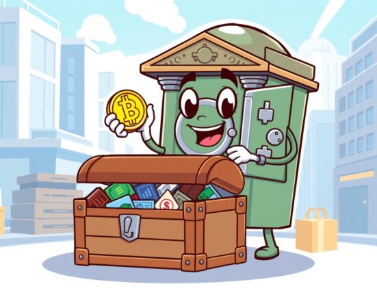 Cartoon of a central bank adding a Bitcoin ETF to a diverse investment portfolio.