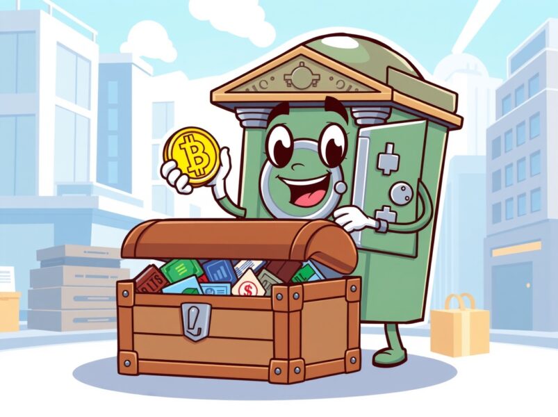 Cartoon of a central bank adding a Bitcoin ETF to a diverse investment portfolio.