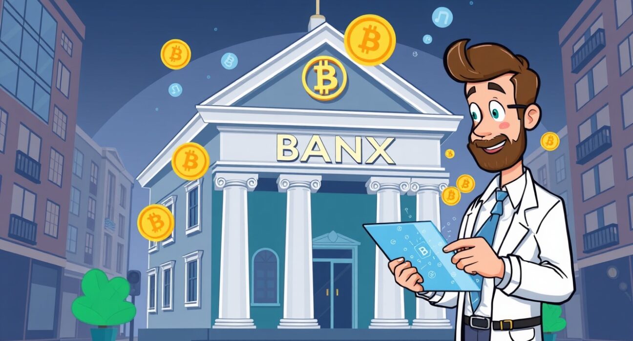Czech central bank Bitcoin portfolio exploration in cartoon illustration showing digital currency integration