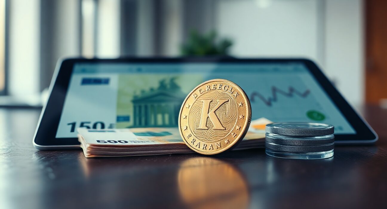 Czech koruna coin and euro banknotes on a desk with a financial graph on a tablet, illustrating currency analysis.