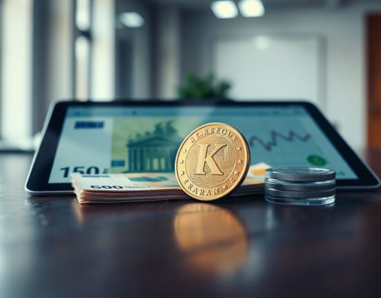 Czech koruna coin and euro banknotes on a desk with a financial graph on a tablet, illustrating currency analysis.