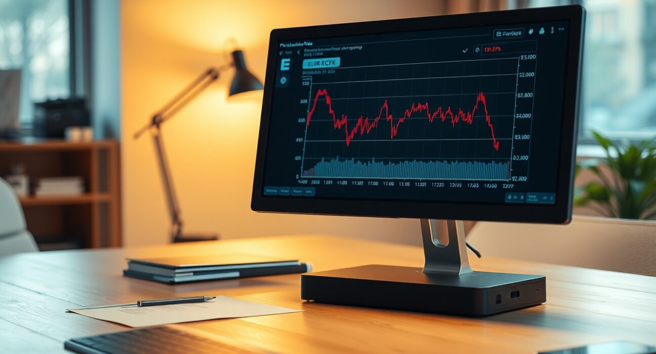 EUR/CZK exchange rate chart on a monitor in a modern office setting