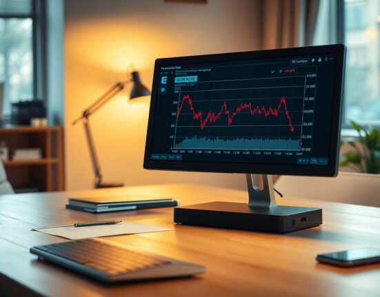 EUR/CZK exchange rate chart on a monitor in a modern office setting