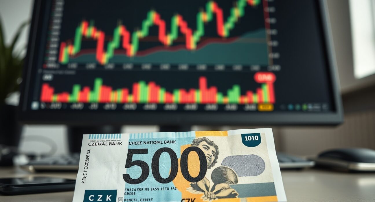 Czech koruna banknote and financial chart on a desk, representing CNB policy impact on CZK.